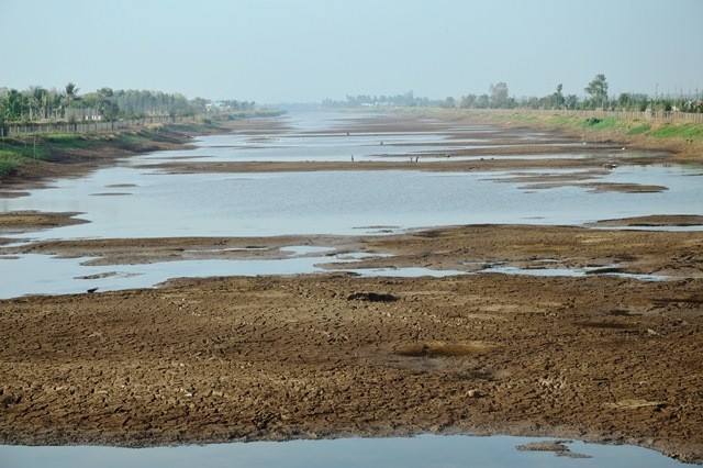 Hồ Kênh Lấp (huyện Ba Tri, tỉnh Bến Tre) cạn trơ đáy do hạn, mặn.