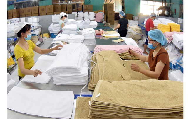 Công nhân Công ty cổ phần Dệt may Sơn Nam (Nam Định) kiểm tra sản phẩm khăn trước khi xuất khẩu sang thị trường Nhật Bản. Ảnh: VIỆT THẮNG