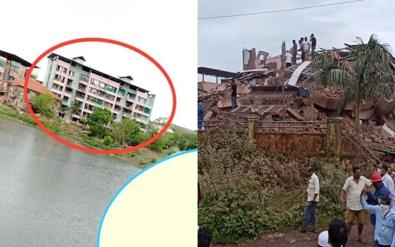 Tòa nhà trước và sau khi bị sập. (Ảnh: Indianexpress)