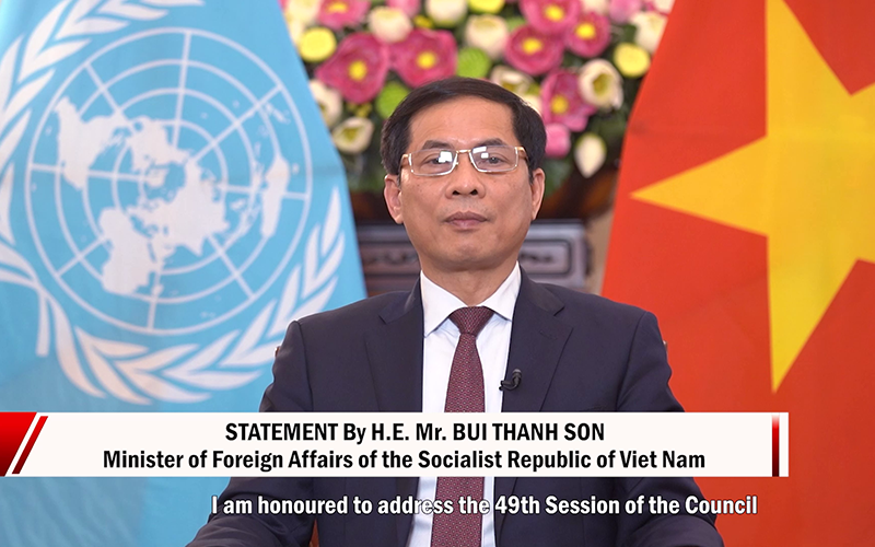 Bộ trưởng Ngoại giao Bùi Thanh Sơn tại phiên họp cấp cao Khóa họp lần thứ 49 Hội đồng Nhân quyền Liên hợp quốc. (Ảnh: Bộ Ngoại giao)