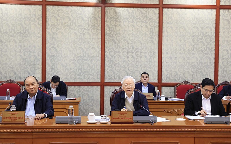 Tổng Bí thư Nguyễn Phú Trọng chủ trì họp Bộ Chính trị để cho ý kiến về các nội dung quan trọng. (Ảnh: TTXVN)