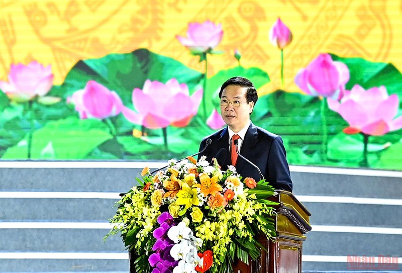 Đồng chí Võ Văn Thưởng, Ủy viên Bộ Chính trị, Thường trực Ban Bí thư, phát biểu tại Lễ kỷ niệm. (Ảnh: DUY LINH)