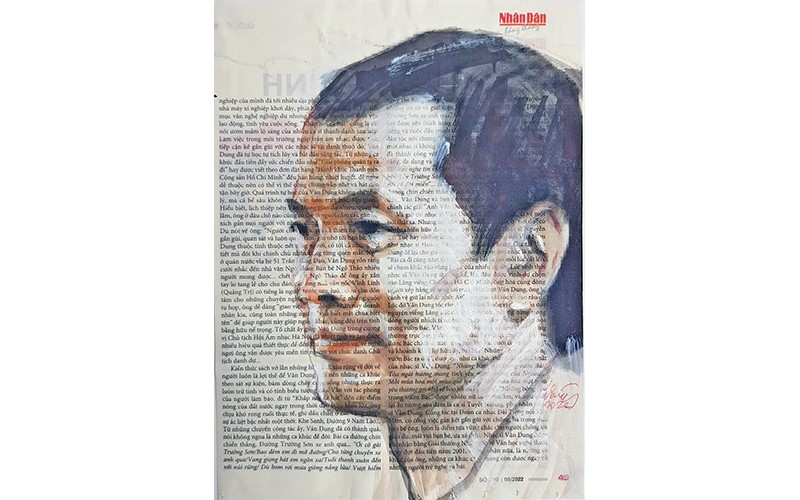 Ký họa chân dung nhà thơ Hữu Việt trên giấy báo Nhân Dân hằng tháng của họa sĩ Đỗ Hoàng Tường.