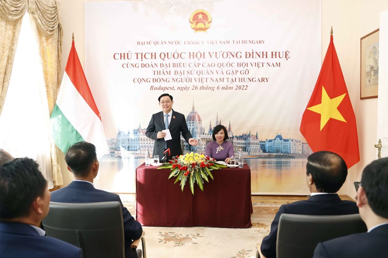 Chủ tịch Quốc hội Vương Đình Huệ phát biểu tại buổi thăm Đại sứ quán và gặp gỡ cộng đồng người Việt Nam tại Hungary.