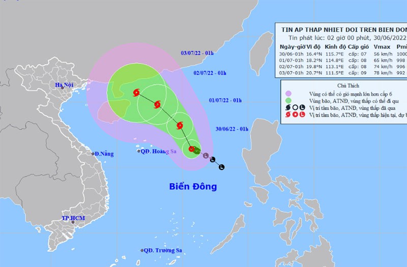 Vị trí và hướng di chuyển của áp thấp nhiệt đới lúc 1 giờ ngày 30/6. (Nguồn: nchmf.gov.vn)