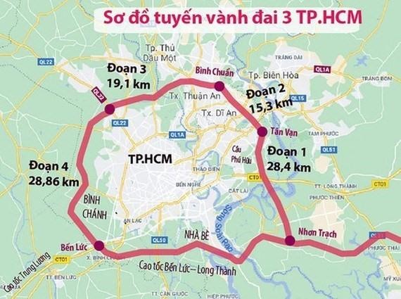 Dự án đầu tư xây dựng đường Vành đai 3 TP Hồ Chí Minh chia thành 8 dự án thành phần thực hiện theo hình thức đầu tư công, đi qua địa bàn TP Hồ Chí Minh và 3 tỉnh Đồng Nai, Bình Dương, Long An. (Ảnh: VGP)
