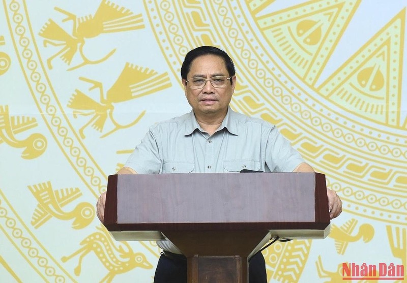 Thủ tướng Phạm Minh Chính phát biểu tại điểm cầu Trụ sở Chính phủ. 
