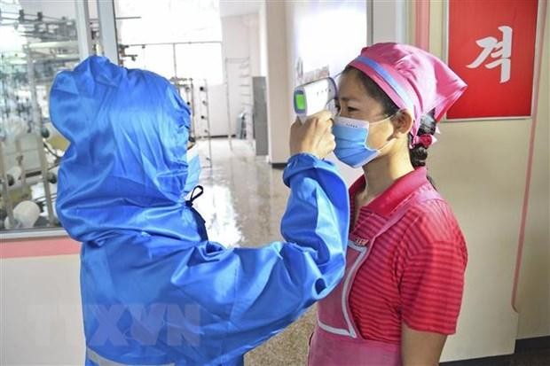 Kiểm tra thân nhiệt của công nhân tại một nhà máy ở Bình Nhưỡng, Triều Tiên, ngày 10/6/2022. (Ảnh: Kyodo/TTXVN)