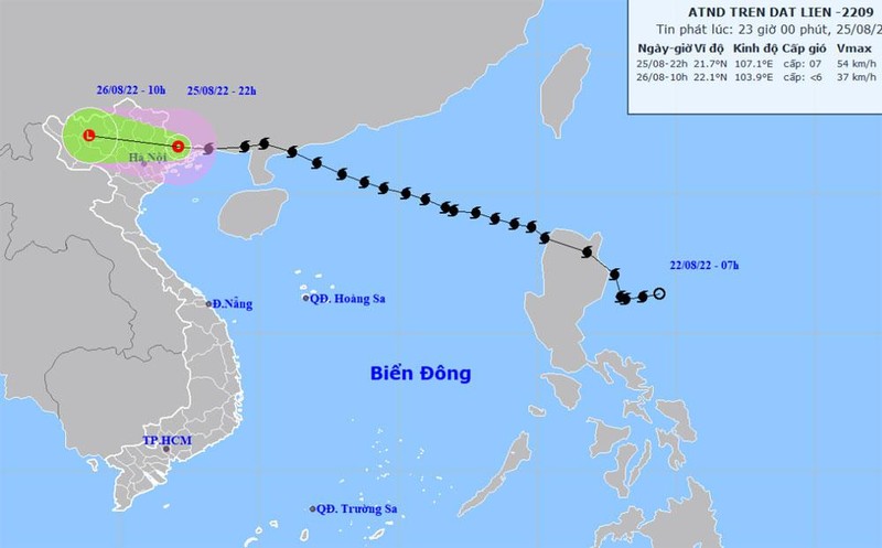 Vị trí và hướng di chuyển của áp thấp nhiệt đới (suy yếu từ bão số 3). (Nguồn: nchmf.gov.vn)