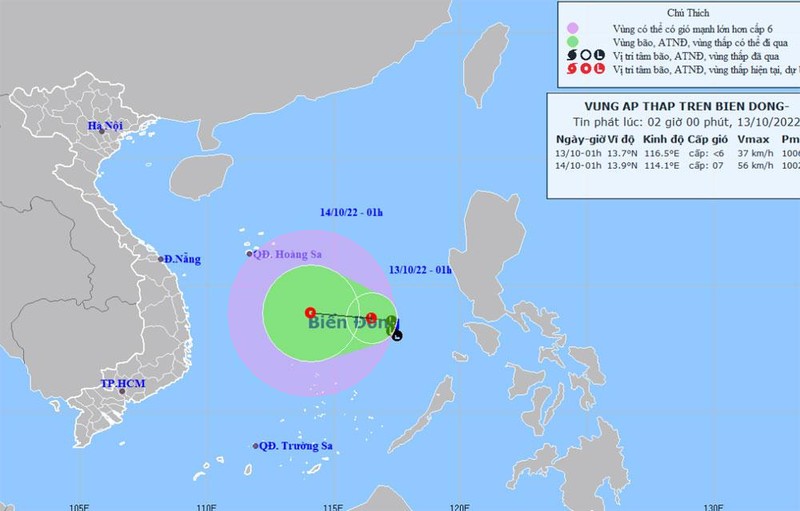 Vị trí và hướng di chuyển của vùng áp thấp. (Nguồn: nchmf.gov.vn)