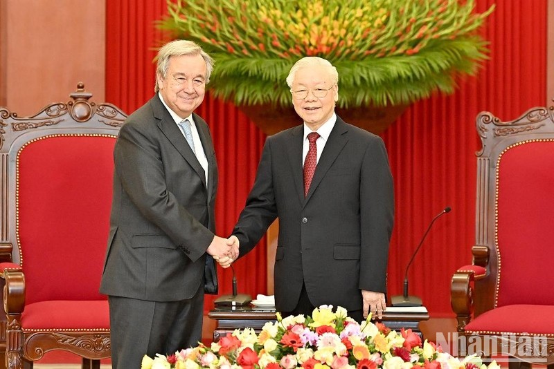 [Ảnh] Tổng Bí thư Nguyễn Phú Trọng tiếp Tổng Thư ký Liên hợp quốc Antonio Guterres ảnh 1