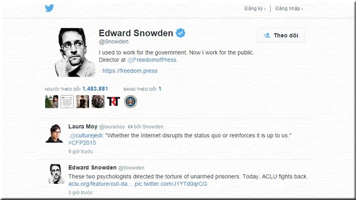 Ông Edward Snowden tham gia Twitter từ ngày 30-9-2015.